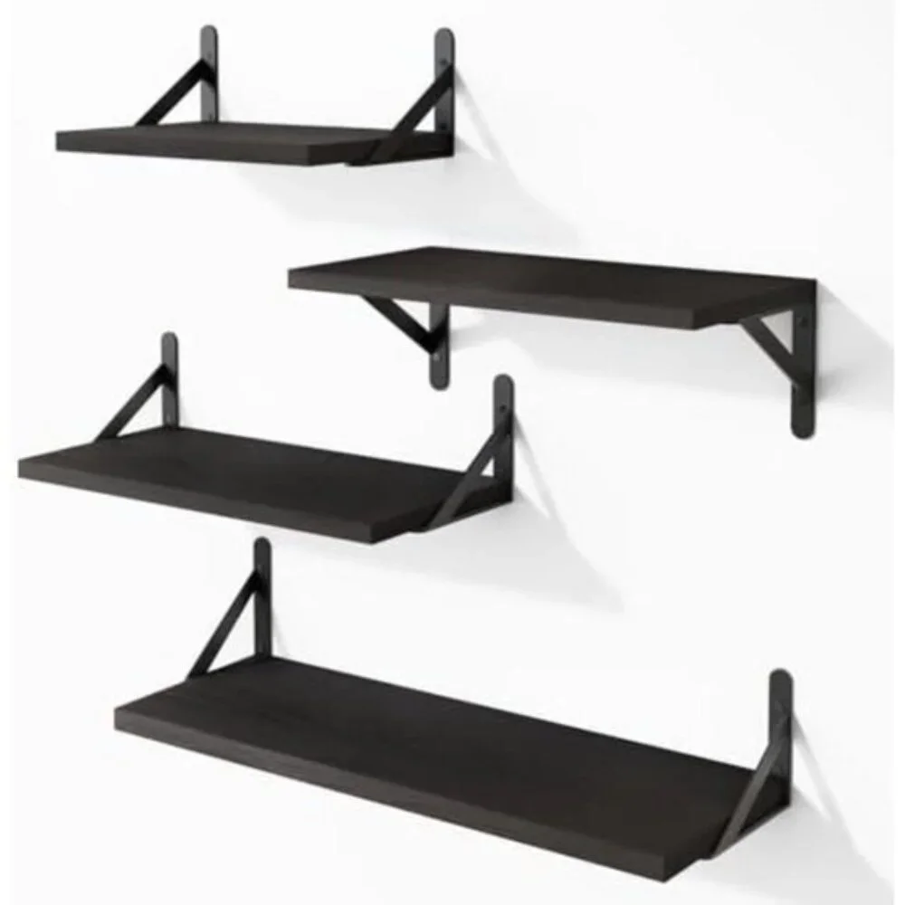 New Set of 4 Black Wall Mounted Wood Shelves for Home Decor
